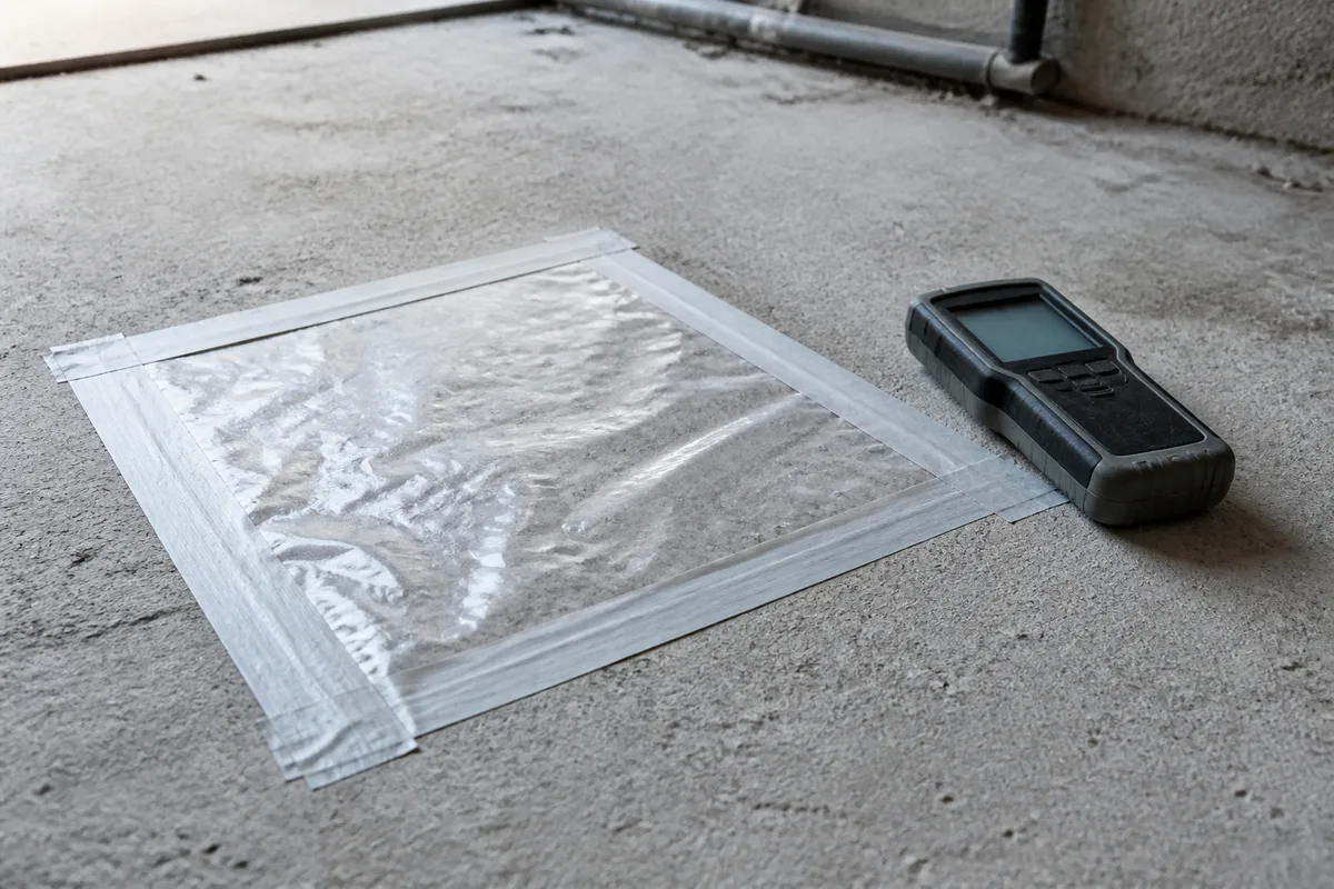 Dalle de béton brute testée avant peinture, feuille plastique transparente scotchée au sol et hygromètre de chantier posé à côté