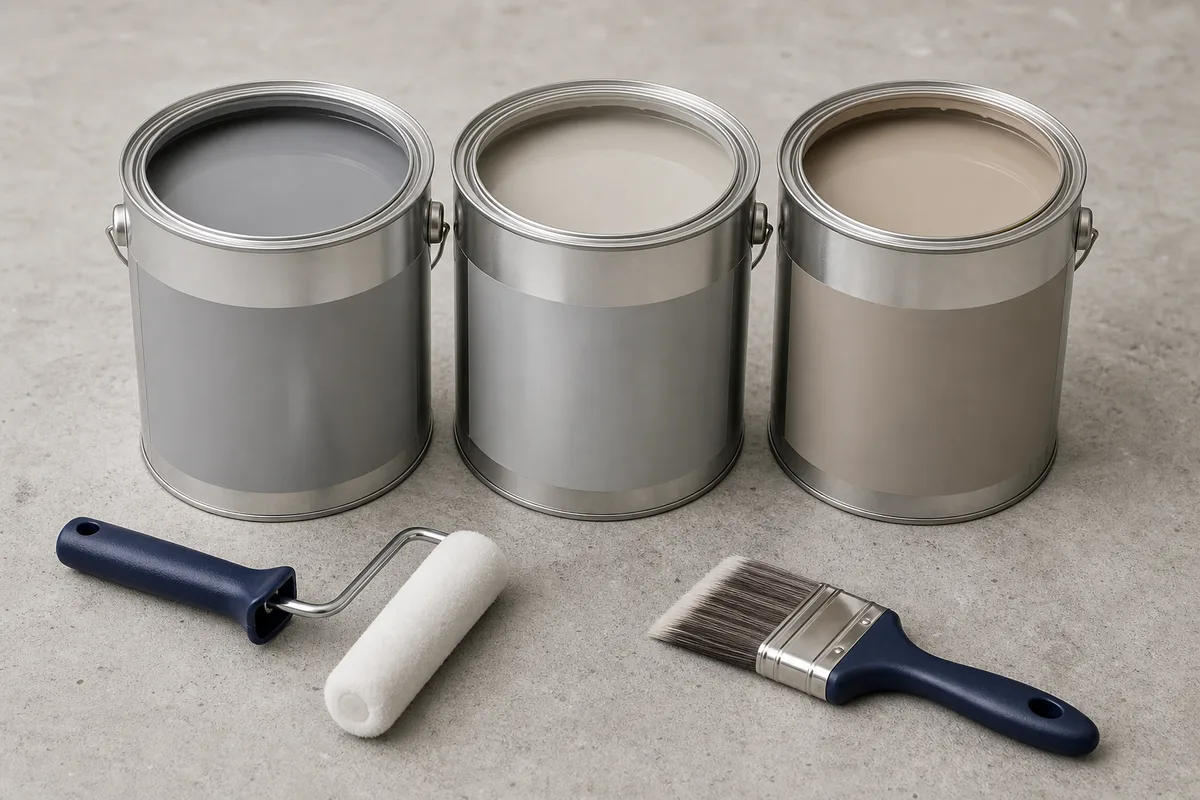 Trois pots de peinture de sol ouverts alignés sur une dalle béton grise, avec un rouleau à poils courts et un pinceau à réchampir