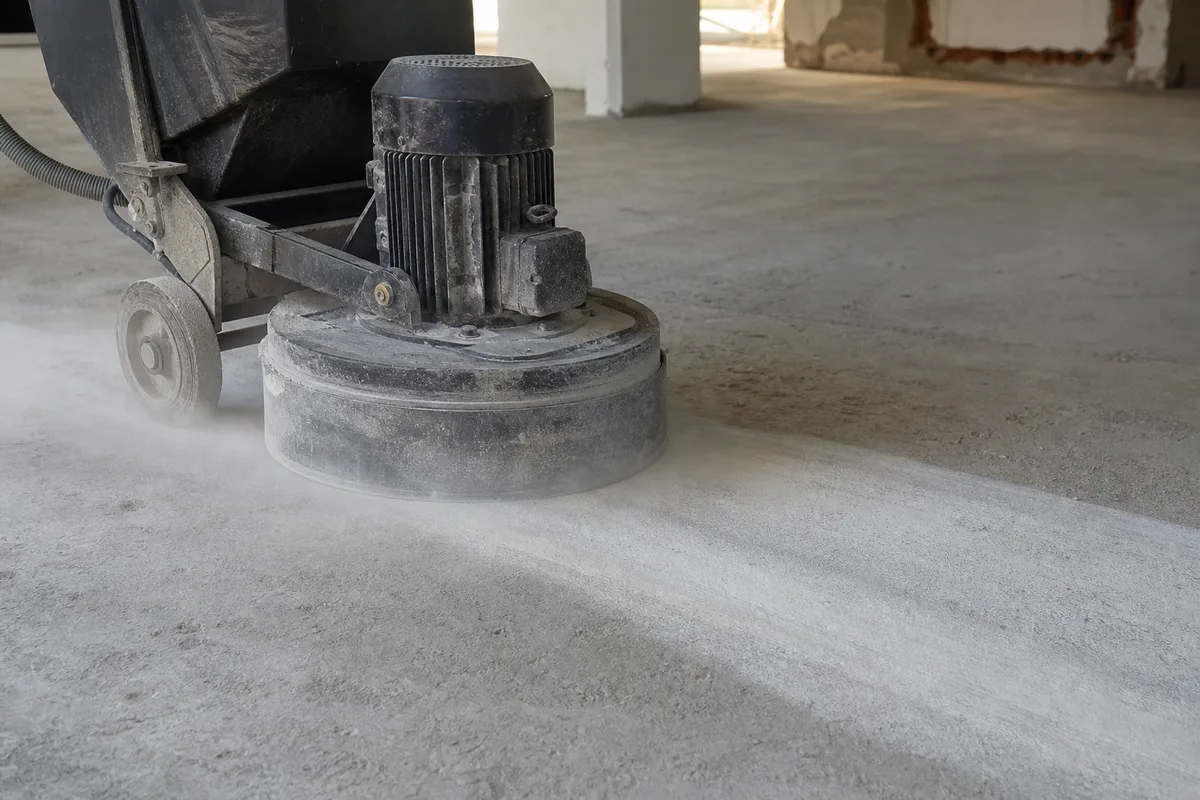 Ponçage d’un sol béton à la ponceuse rotative pour retirer la laitance de surface, poussière fine et zone partiellement mise à nu
