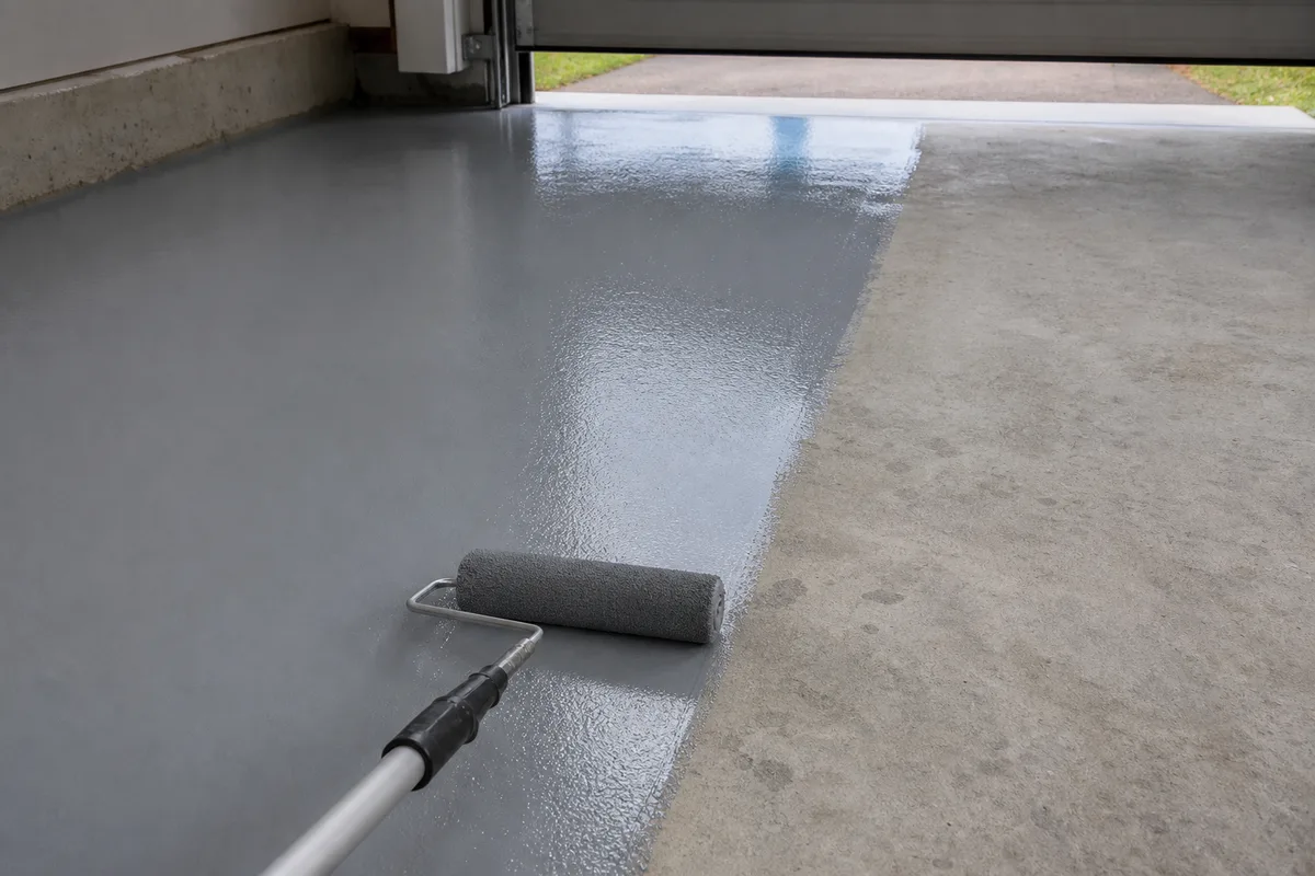 Application au rouleau d’une peinture de sol gris satiné sur une dalle béton, bande fraîchement peinte progressant vers la porte de garage