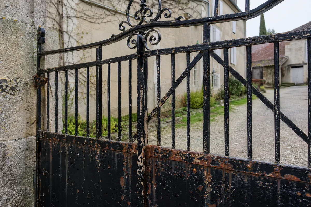 Portail en fer forgé noir devant une maison de village française, zones de rouille affleurant sur les barreaux et la traverse basse