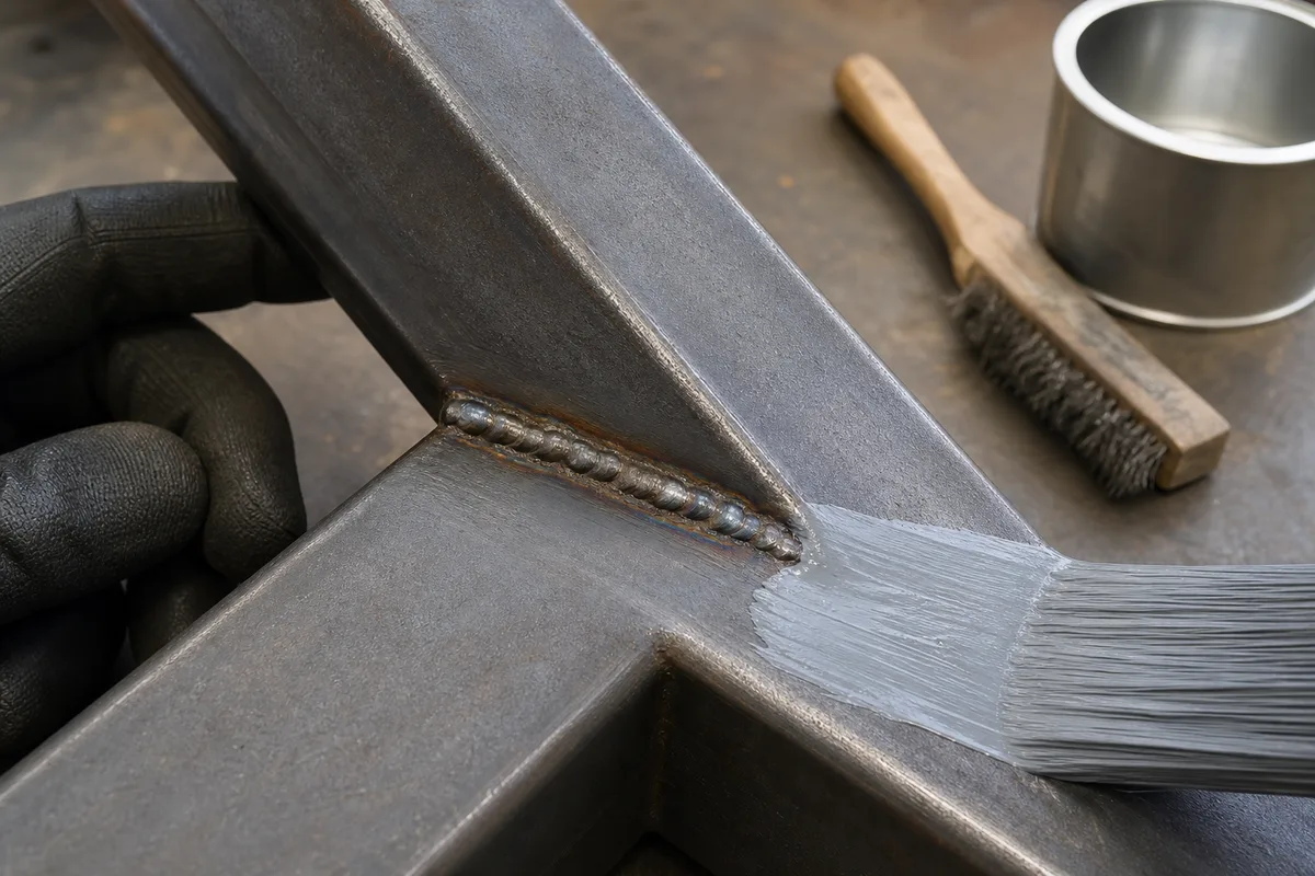 Mains gantées appliquant au pinceau une couche de primaire gris mat sur une soudure d&rsquo;angle d&rsquo;une structure métallique, atelier lumineux