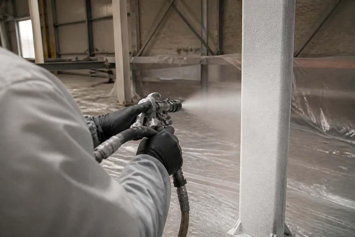 Application au pistolet d&rsquo;un revêtement blanc sur un poteau métallique, brouillard de projection fin et bâche de protection au sol